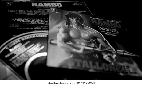 Rome, Italy - August 02, 2019: Cover And Cd Of The Soundtrack Of Rambo 2. Composed By Jerry Goldsmith Of The Follow-up To The 1982 Film First Blood (Rambo)