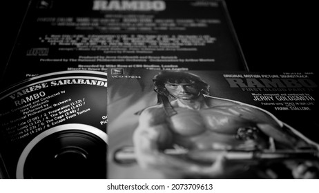 Rome, Italy - August 02, 2019: Cover And Cd Of The Soundtrack Of Rambo 2. Composed By Jerry Goldsmith Of The Follow-up To The 1982 Film First Blood (Rambo)