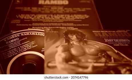 Rome, Italy - August 02, 2019: Cover And Cd Of The Soundtrack Of Rambo 2. Composed By Jerry Goldsmith Of The Follow-up To The 1982 Film First Blood (Rambo)