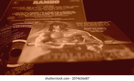 Rome, Italy - August 02, 2019: Cover And Cd Of The Soundtrack Of Rambo 2. Composed By Jerry Goldsmith Of The Follow-up To The 1982 Film First Blood (Rambo)