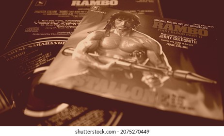 Rome, Italy - August 02, 2019: Cover And Cd Of The Soundtrack Of Rambo 2. Composed By Jerry Goldsmith Of The Follow-up To The 1982 Film First Blood (Rambo)