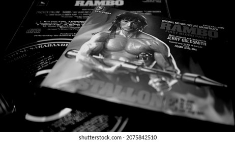 Rome, Italy - August 02, 2019: Cover And Cd Of The Soundtrack Of Rambo 2. Composed By Jerry Goldsmith Of The Follow-up To The 1982 Film First Blood (Rambo)