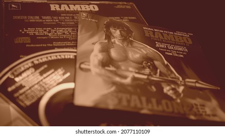 Rome, Italy - August 02, 2019: Cover And Cd Of The Soundtrack Of Rambo 2. Composed By Jerry Goldsmith Of The Follow-up To The 1982 Film First Blood (Rambo)