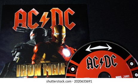 Rome, Italy - August 04, 2021, detail of the cd Iron Man 2 an album that contains songs used in the soundtrack of the film of the same name by Jon Favreau, and is composed entirely of songs by AC DC.