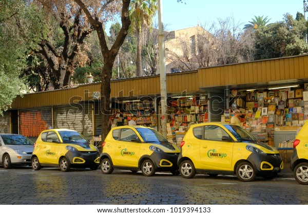 Rome, Italy - August 16, 2017: Share\'ngo cars.\
SHARE\'NGO is an Italian platform for the development of electric\
and sustainable mobility offering car sharing services free\
floating profiled rates