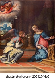 ROME, ITALY - AUGUST 29, 2021: The Painting Of Annunciation In The Church Chiesa Di San Francesco A Ripa By Francesco De Rossi - Salviati (1555).