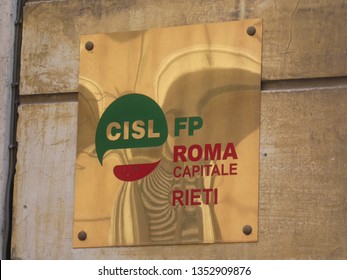 Rome, Italy - August 3, 2018: Signage Of The Italian Confederation Of Workers' Trade Unions, Cisl FP (Funzione Pubblica, Public Function)