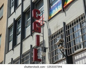 Rome, Italy - August 3, 2018: CGIL Vertical Signage Outside A Building. The Italian General Confederation Of Labour Is A National Trade Union Based In Italy