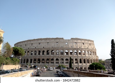 Rome, Italy - August 30 2019: Old Roman Colloseum Or Colosseo Seen Whole On A Sunny Day