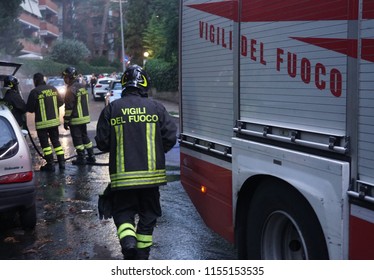 Rome, Italy - August 9, 2018: Italian firefighters in action. The vigili del fuoco, literally the Firewatchers, is Italy's institutional agency for fire and rescue service
