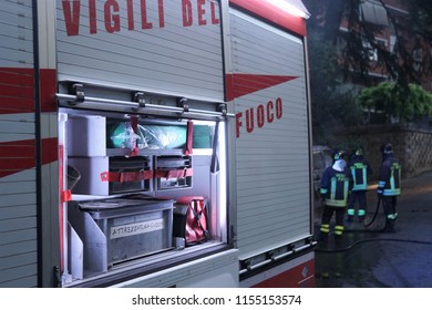 Rome, Italy - August 9, 2018: Italian firefighters in action. The vigili del fuoco, literally the Firewatchers, is Italy's institutional agency for fire and rescue service