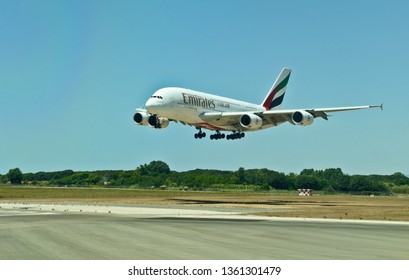 ROME, ITALY - CIRCA 2012: Emirates Airbus A380 Lands At Leonardo Da Vinci International Airport. 