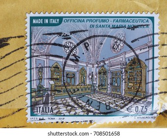 ROME, ITALY - CIRCA AUGUST 2017: A Stamp Printed By Italy Showing Officina Profumo - Farmaceutica Di Santa Maria Novella (perfume - Chemist Workshop In Santa Maria Novella, Florence)