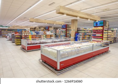 ROME, ITALY. December 05, 2018: Lanes Of Refrigeration Meats Department Products Inside A MA Supermarket In Italy In Rome. Refrigerators With Meat Products Inside A Great Space.