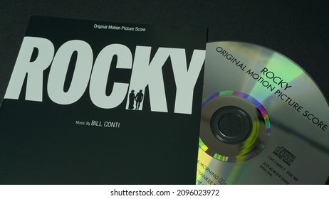 Rome, Italy - December 24, 2021, Detail Of The Cover And Of The Cd Rocky (Original Motion Picture Score) Studio Album By American Composer Bill Conti.