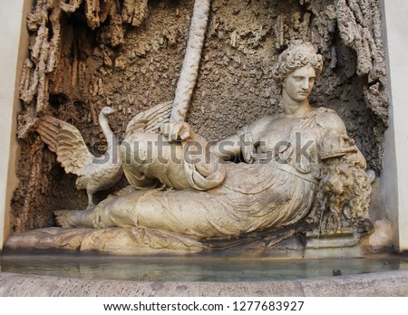 Rome, Italy - December 28, 2018: Goddess Juno sculpture at Crossing of Quattro Fontane, Renaissance fountain statue representing Juno goddess of marriage, pregnancy and childbirth,  symbol of loyalty 
