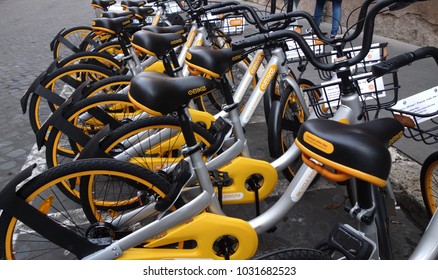 ROME, ITALY -  DECEMBER 3, 2017:  bicycles sharing in the streets of the italian Capital