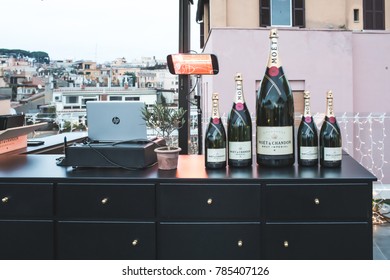 ROME, ITALY - DECEMBER 30, 2017: Moet Chandon Bottles At UP Sunset Bar On The Rooftop Of The New La Rinascente Shopping Center In Via Del Tritone