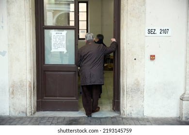 Rome, Italy - December 4 2016: Voters Wait In Line To Cast Their Ballot Outside A Polling Station During Italian General Election In Rome.