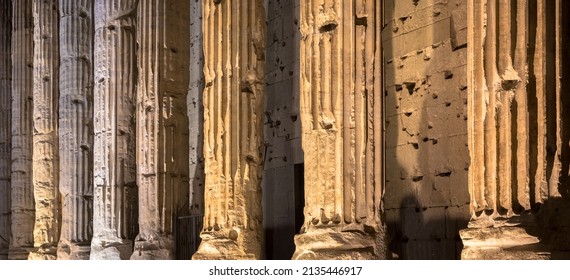 Rome, Italy. Detail of illuminated column architecture of Pantheon by night. Useful as archaeology background. - Shutterstock ID 2135446917