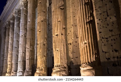 Rome, Italy. Detail Of Illuminated Column Architecture Of Pantheon By Night. Useful As Archaeology Background.