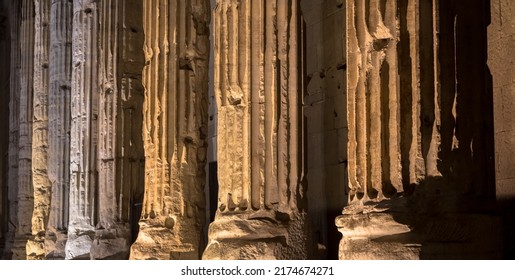 Rome, Italy. Detail Of Illuminated Column Architecture Of Pantheon By Night. Useful As Archaeology Background.