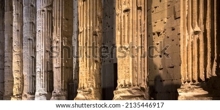 Rome, Italy. Detail of illuminated column architecture of Pantheon by night. Useful as archaeology background.