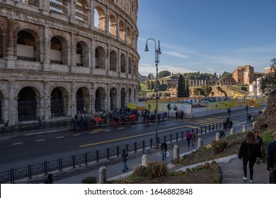 Rome, Italy, Feb 12th 2020, Biased View Of The Roman Colosseum Early In The Day With A Blue Sky