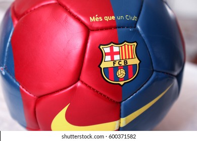 Rome, Italy: Feb 17. 2016 - Illustrative And Editorial Image Of FC Barcelona Soccer Ball On Soccer Field.