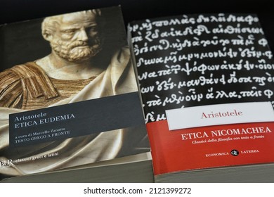 Rome, Italy - February 09, 2022, Detail Of Two Philosophical Works, Eudemia Ethics And Nicomachean Ethics, By The Philosopher Aristotle.