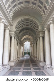 ROME, ITALY - FEBRUARY 1, 2015: Palazzo Spada The Forced Perspective Gallery By Francesco Borromini. The Baroque Corridor Is Only Nine Meters Long, But Looks Much Longer