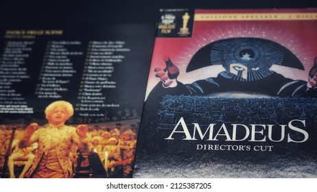 Rome, Italy - February 10, 2022, detail of the cover and DVDs of the famous film Amadeus director's cut, 1984 film directed by Miloš Forman.