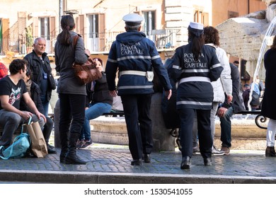 Rome, Italy - February 15, 2019: Back Turned Italian Polizia Locale Roma Capitale Officers. The Local Police Corps Of Rome Capital (formerly The Municipal Police) Is The Municipal Police Service