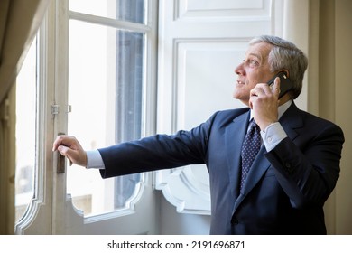 Rome, Italy - February 16, 2018: Antonio Tajani, President Of The European Parliament, Speaks On The Phone In Rome. 

