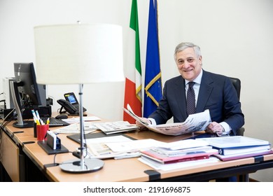 Rome, Italy - February 16, 2018: Antonio Tajani, President Of The European Parliament, At His Desk In Rome. 

