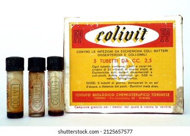 Rome, Italy – February 18, 2022: Vintage 1940s COLIVIT with Bacterial lysates of Escherichia coli for the treatment of dysentery. Made by ABC Farmaceutici, Biological Chemotherapy Institute - Turin