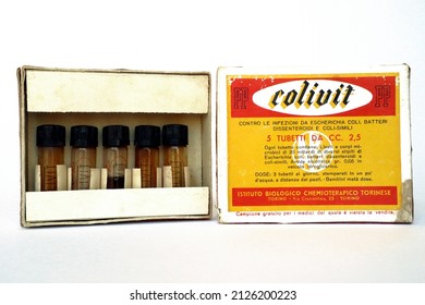 Rome, Italy – February 18, 2022: Vintage 1940s COLIVIT with Bacterial lysates of Escherichia coli for the treatment of dysentery. Made by ABC Farmaceutici, Biological Chemotherapy Institute - Turin