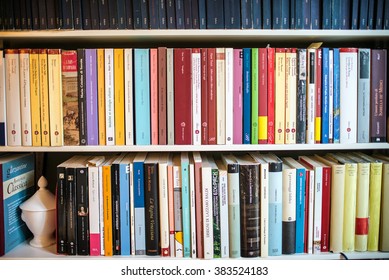 ROME, ITALY - FEBRUARY 24 2016: Some books on shelves, a personal home library