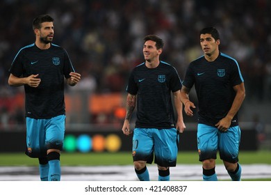 ROME, ITALY - FEBRURY 2016 : Pique, Messi, Suarez In Action During Football Match  Of Italian League 