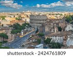 Rome Italy, high angle view city skyline at Roman Forum and Rome Colosseum