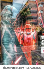 Rome, Italy - Image Of Kylo Ren And Stormtrooper Behind A Shop Window.