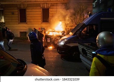 Rome, Italy / Italia - November 27 2020: Far Right And Black Bloc Protest In The City Center