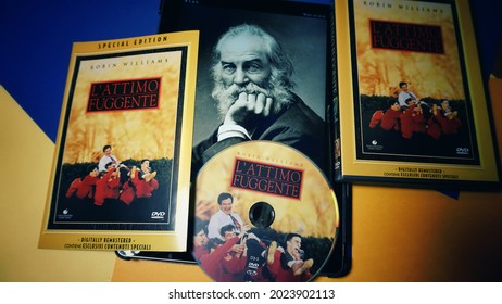 Rome, Italy - January 24, 2021, Image Of The Great American Poet And Writer Walt Whitman And DVD Of The Film L 'Attimo Fuggente, With Robin Williams, Directed By Peter Weir, Written By Tom Schulman.