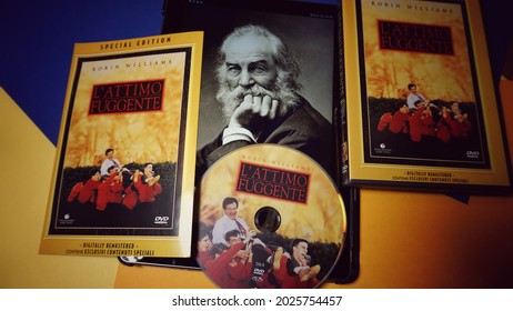 Rome, Italy - January 24, 2021, Image Of The Great American Poet And Writer Walt Whitman And DVD Of The Film L 'Attimo Fuggente, With Robin Williams, Directed By Peter Weir, Written By Tom Schulman.