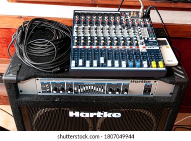 Rome, Italy, January 5 2010. Bass Amplifier Hartke And Sound Mixer In Music Studio Stage No People High Angle View