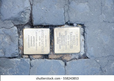 Rome, Italy. January 5, 2017. Stolperstein In Rome. Two Cobblestones That Remember Two Jews Deported In Auschwitz During The Second World War. An Initiative Of The Artist Gunter Demnig