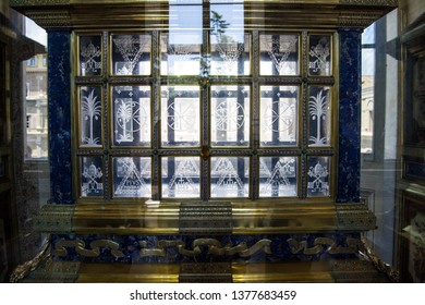 Rome, Italy - July 11 2018: Crystal Shrine With Plated Gold And Gems