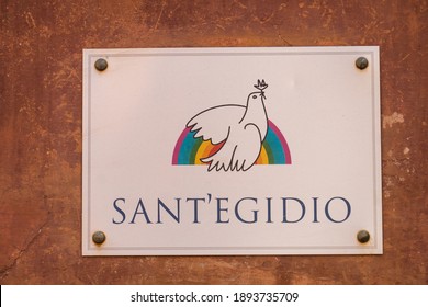 Rome, Italy - July 14, 2019: Emblem Of The Community Of Sant'Egidio (Italian Comunità Di Sant'Egidio), A Lay Catholic Association Dedicated To Social Service