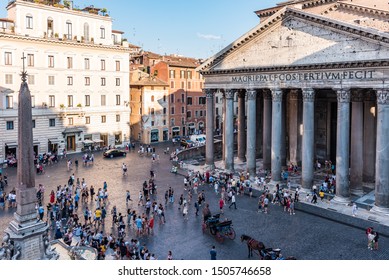 Rome, Italy - July 16, 2019: The Pantheon Is A Famous Monument Of Ancient Roman Culture, The Temple Of All The Gods