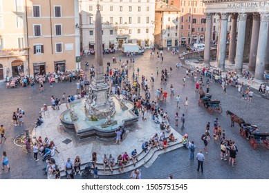 Rome, Italy - July 16, 2019: The Pantheon Is A Famous Monument Of Ancient Roman Culture, The Temple Of All The Gods